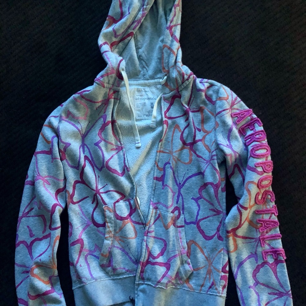 Aeropostale Gray Hoodie with Pink and Purple Floral Design